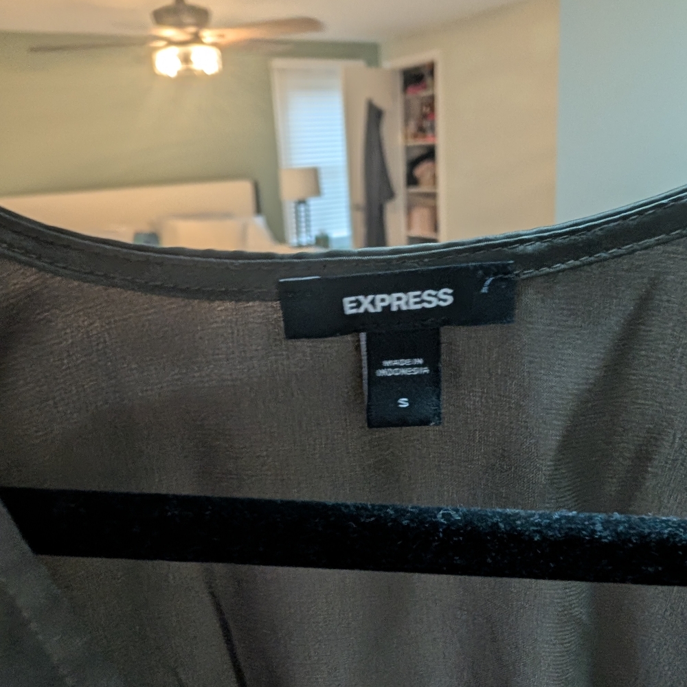 Express Olive Satin Surplice Wrap Blouse - Picture 2 of 3